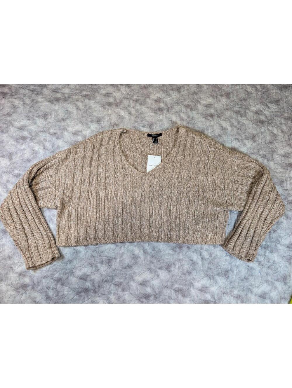 Brand New Forever 21 Womens L Ribbed Crop Sweater Taupe V Neck Long Sleeve NWT